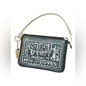 Coach Poppy Black & Gold Bag Convertible Wristlet With Metal & Leather Hang Tags